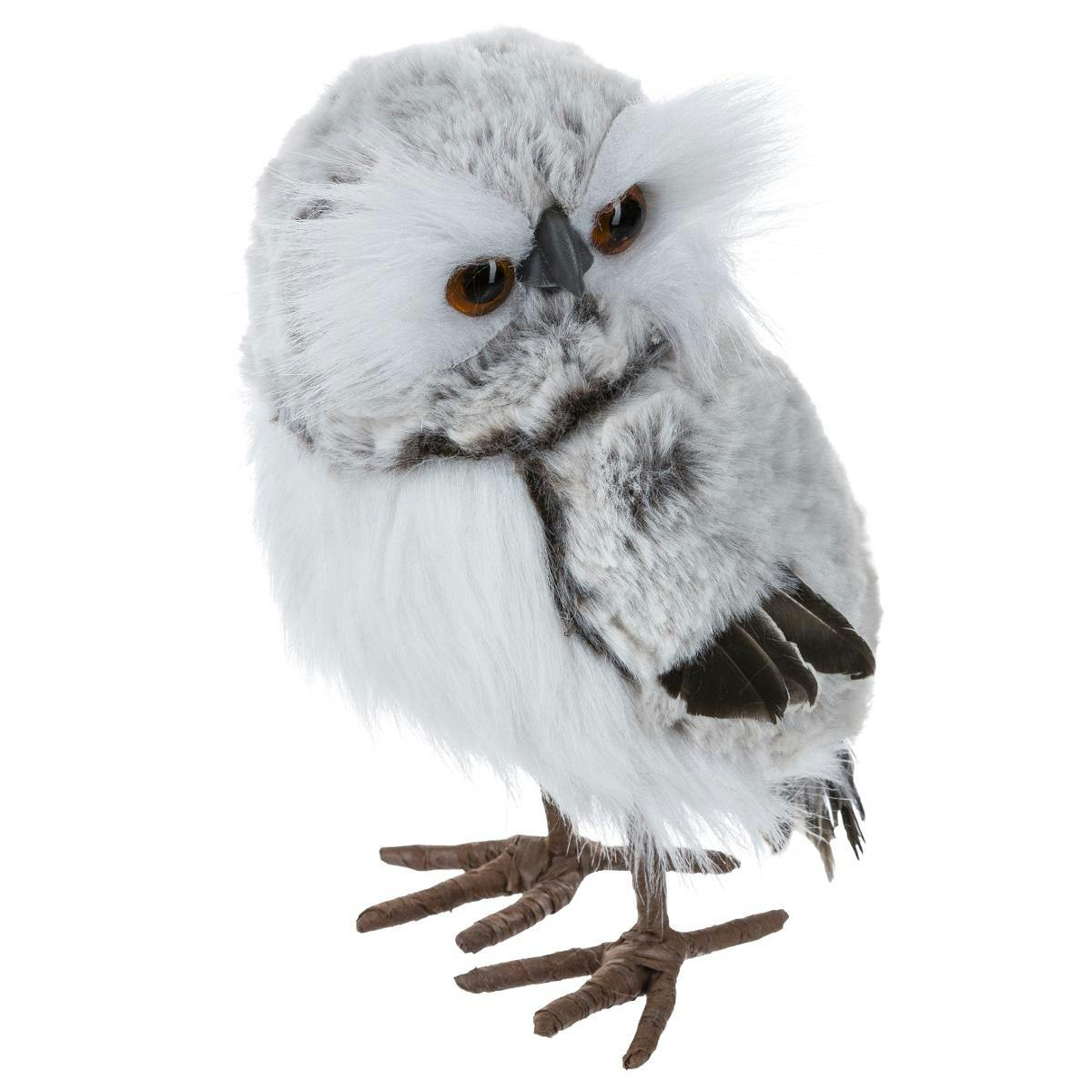 Hibou poils longs blancs et gris 20 cm
