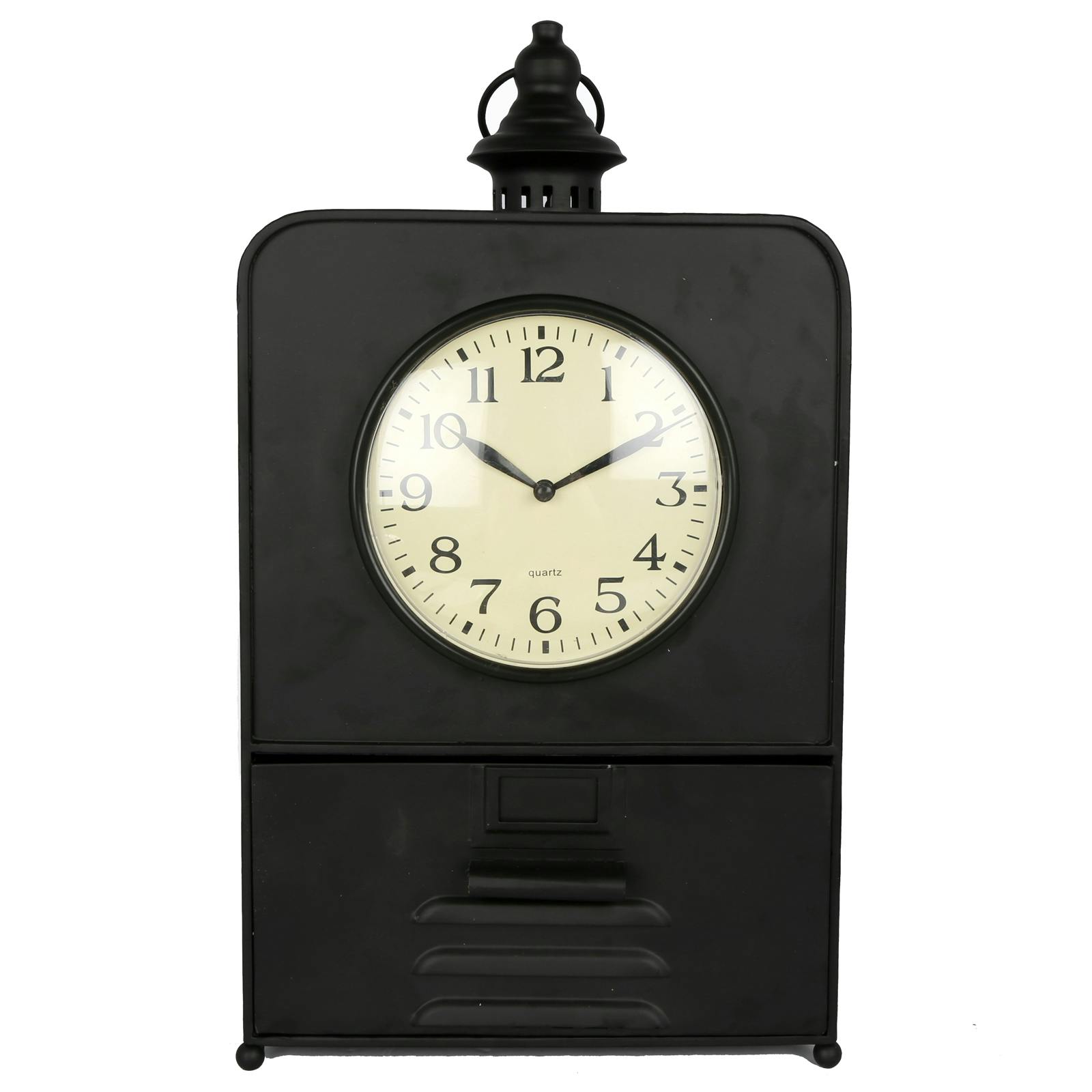 Horloge à poser façon gousset en métal noir vieilli avec tiroir de rangement H46cm