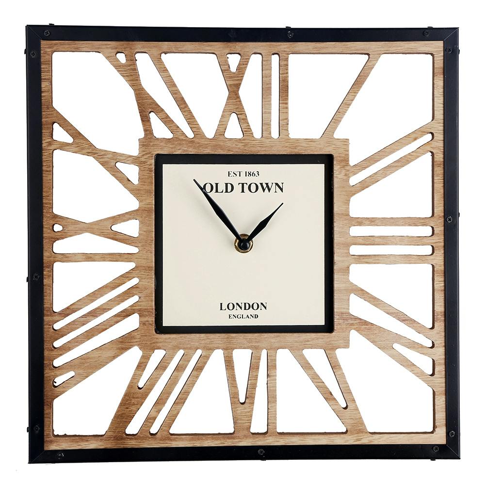 Horloge carrée en bois ajouré chiffres romains 30x30cm