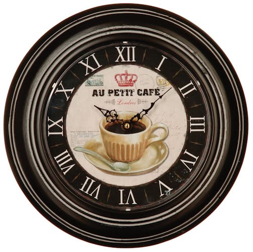 Horloge en métal foncé motif Tasse à café et chiffres romains D32cm