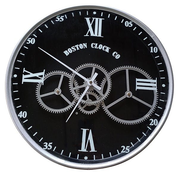 Horloge engrenages argent fond noir Boston