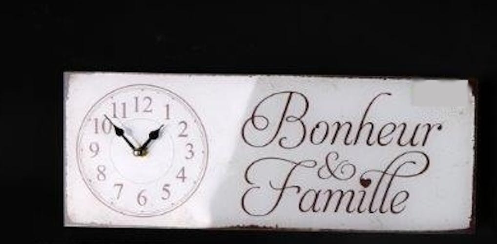 Horloge message "Bonheur et Famille" en verre blanc 40x15cm