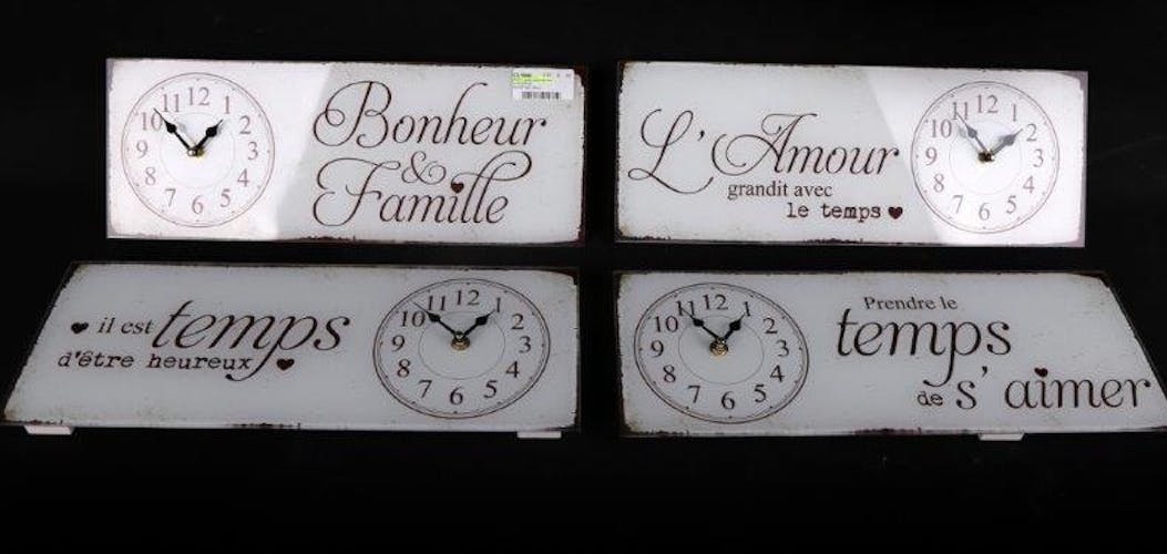 Horloge message "Bonheur et Famille" en verre blanc 40x15cm