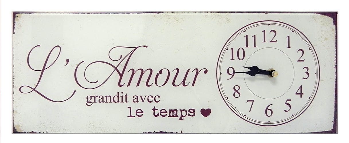 Horloge message "L'Amour grandit avec le Temps" en verre blanc 40x15cm