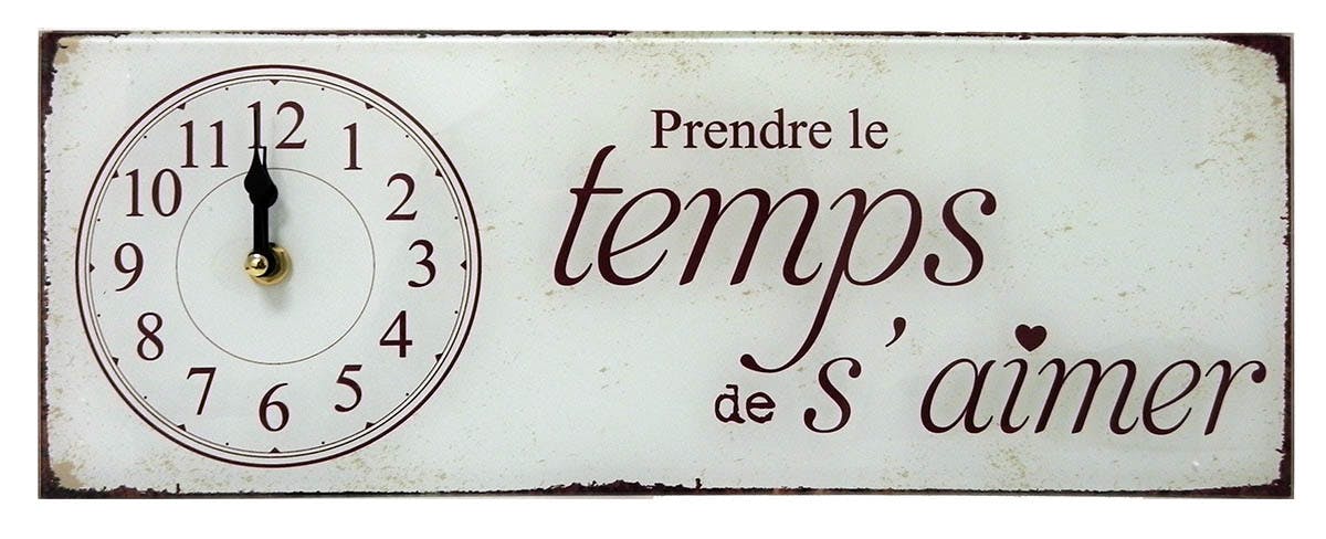 Horloge message "Prendre le temps de s'Aimer" en verre blanc 40x15cm