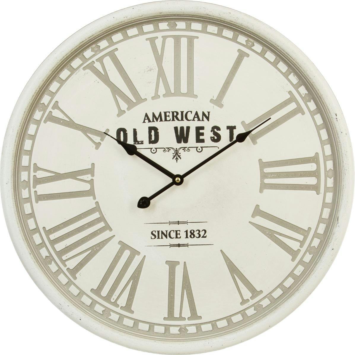 Horloge métal blanc effet patiné "American Old West" chiffres romains gravés D52cm