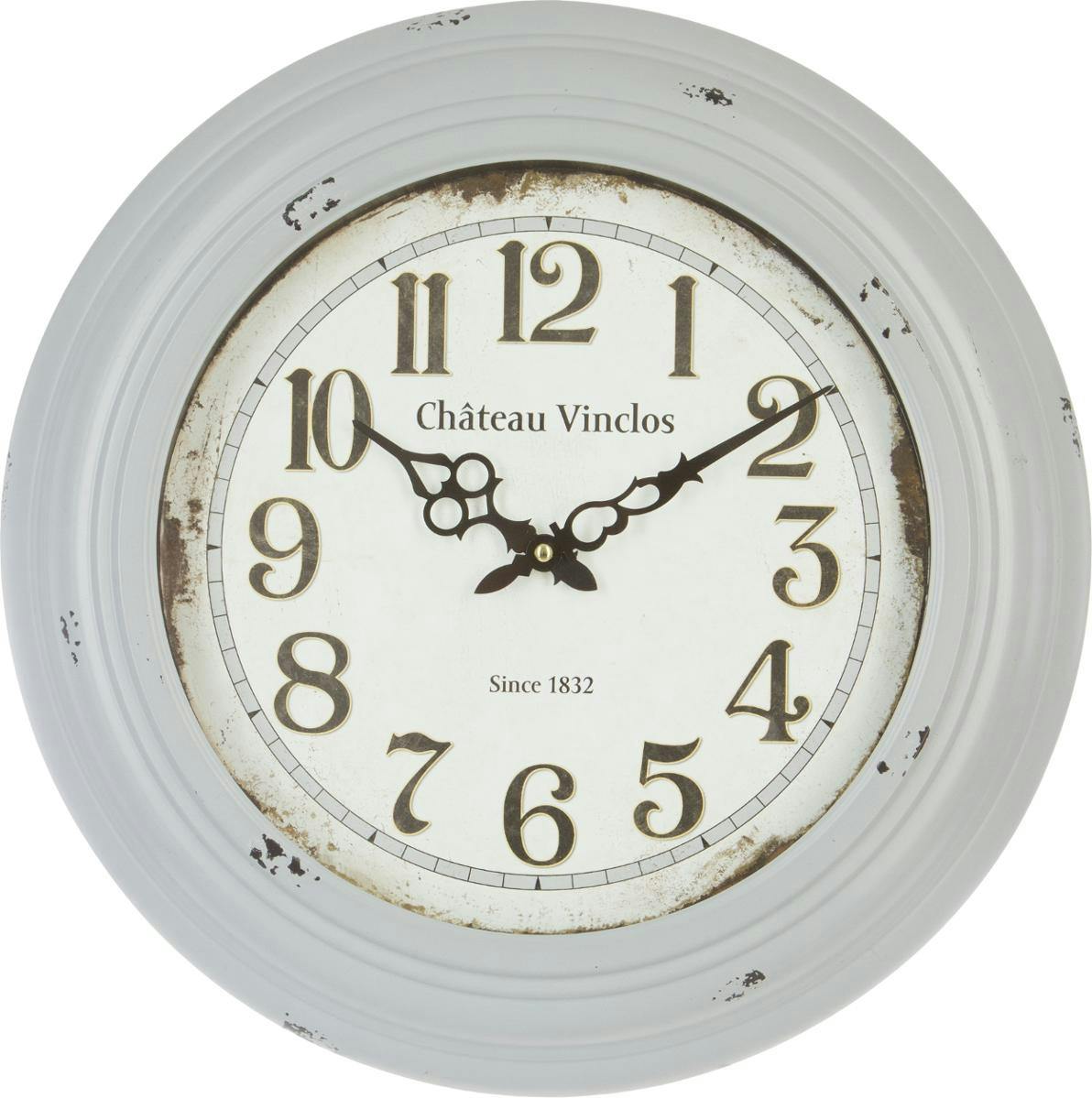 Horloge métal gris clair effet vieilli "Château Vinclos" D43cm