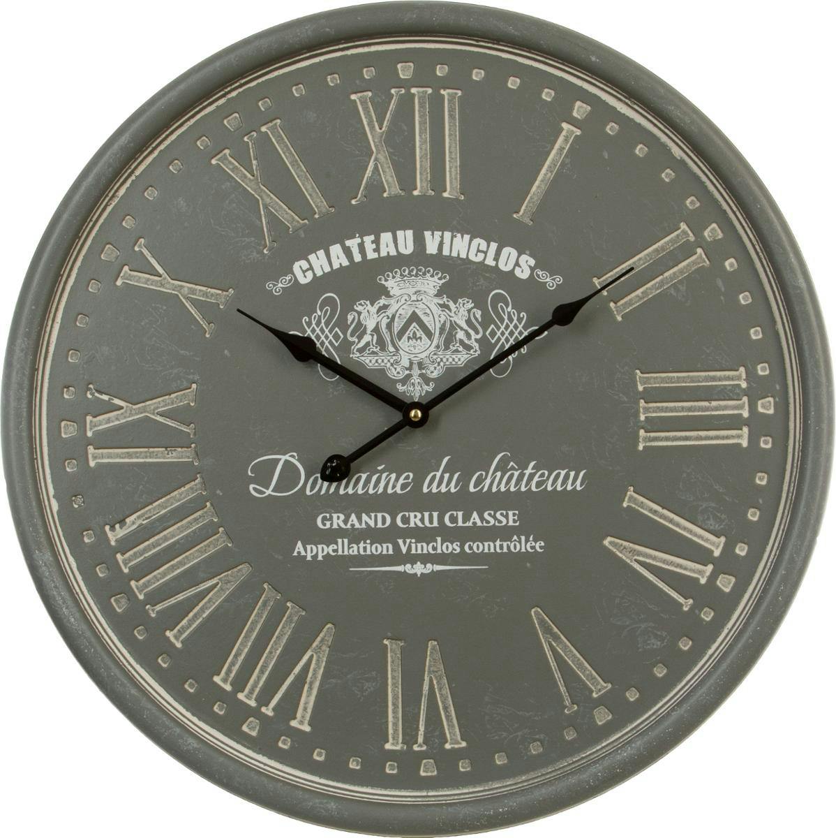 Horloge métal gris effet patiné "Château Vinclos" chiffres romains gravés D52cm