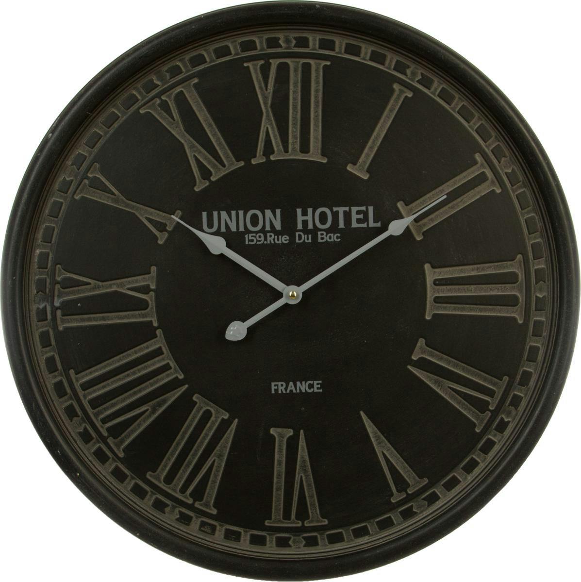 Horloge métal noir effet patiné "Union Hotel" chiffres romains gravés D52cm