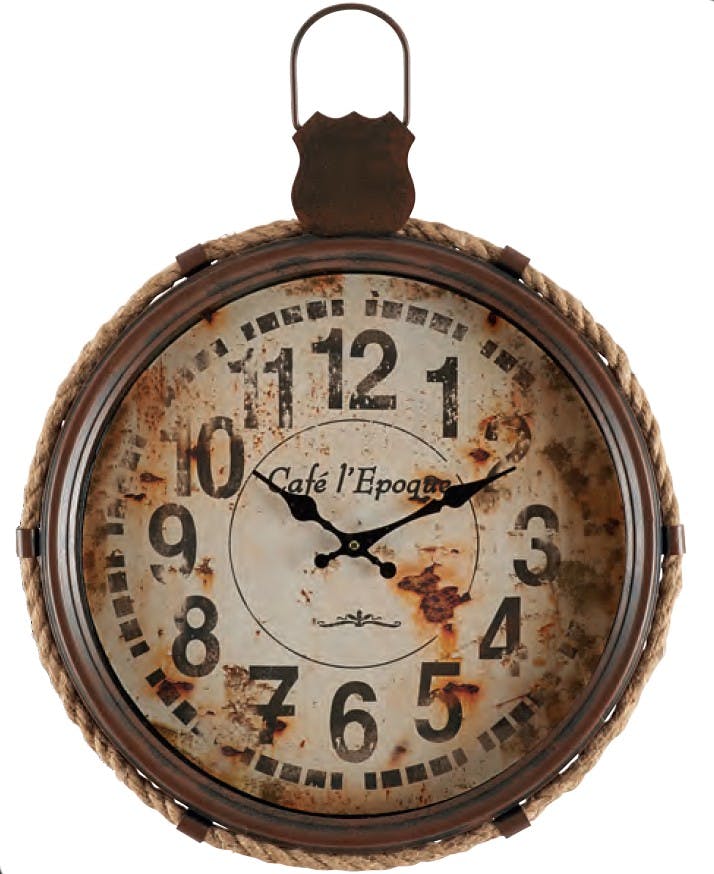 Horloge murale "Café l'époque" métal choco et bordure métal et corde 40x50cm