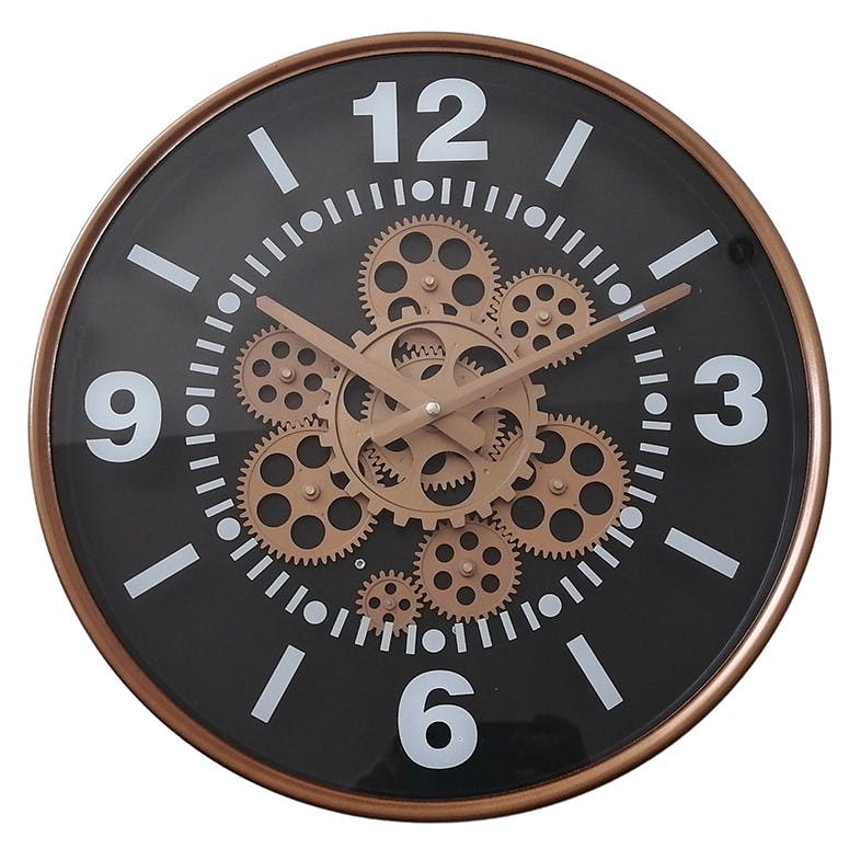 Horloge murale fond noir chiffres classiques et engrenages