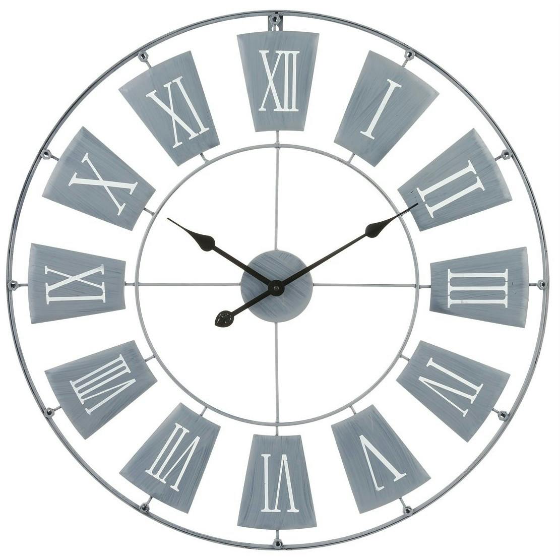 Horloge murale Grand diamètre D 76 cm en métal avec chiffres romains - Lignes sobres et épurées - Coloris Gris et Blanc