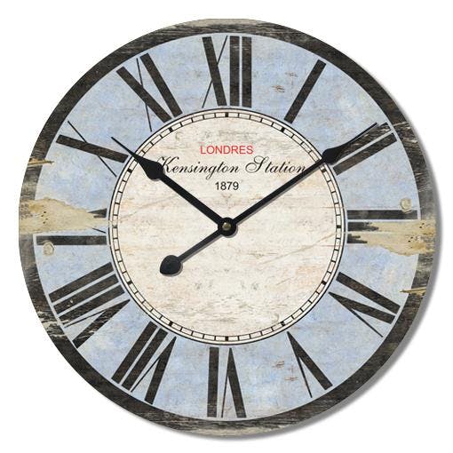 Horloge murale gris bleuté et beige en bois style Vintage avec chiffres romains D 60 cm