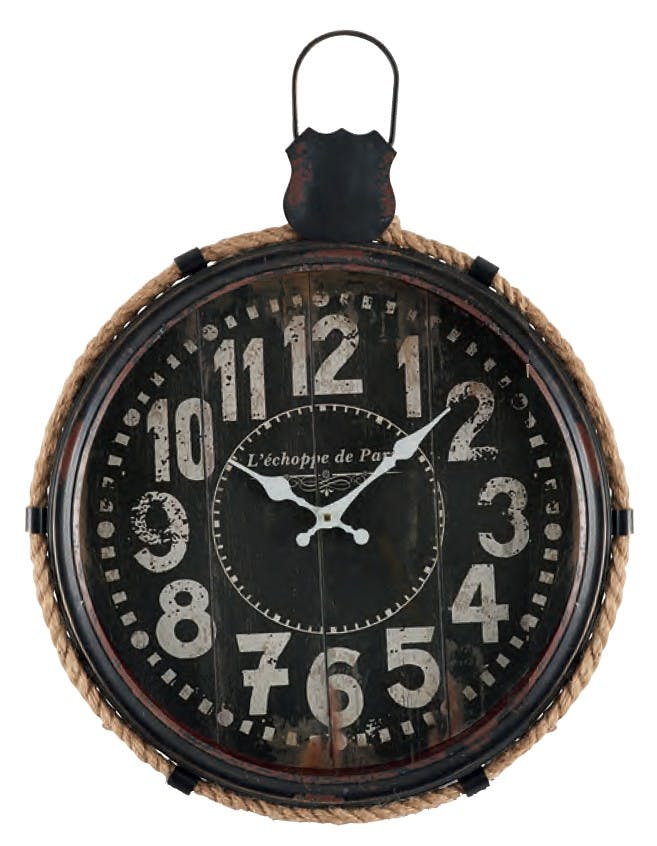 Horloge murale "L'échoppe de Paris" métal noir et bordure métal et corde 40x50cm