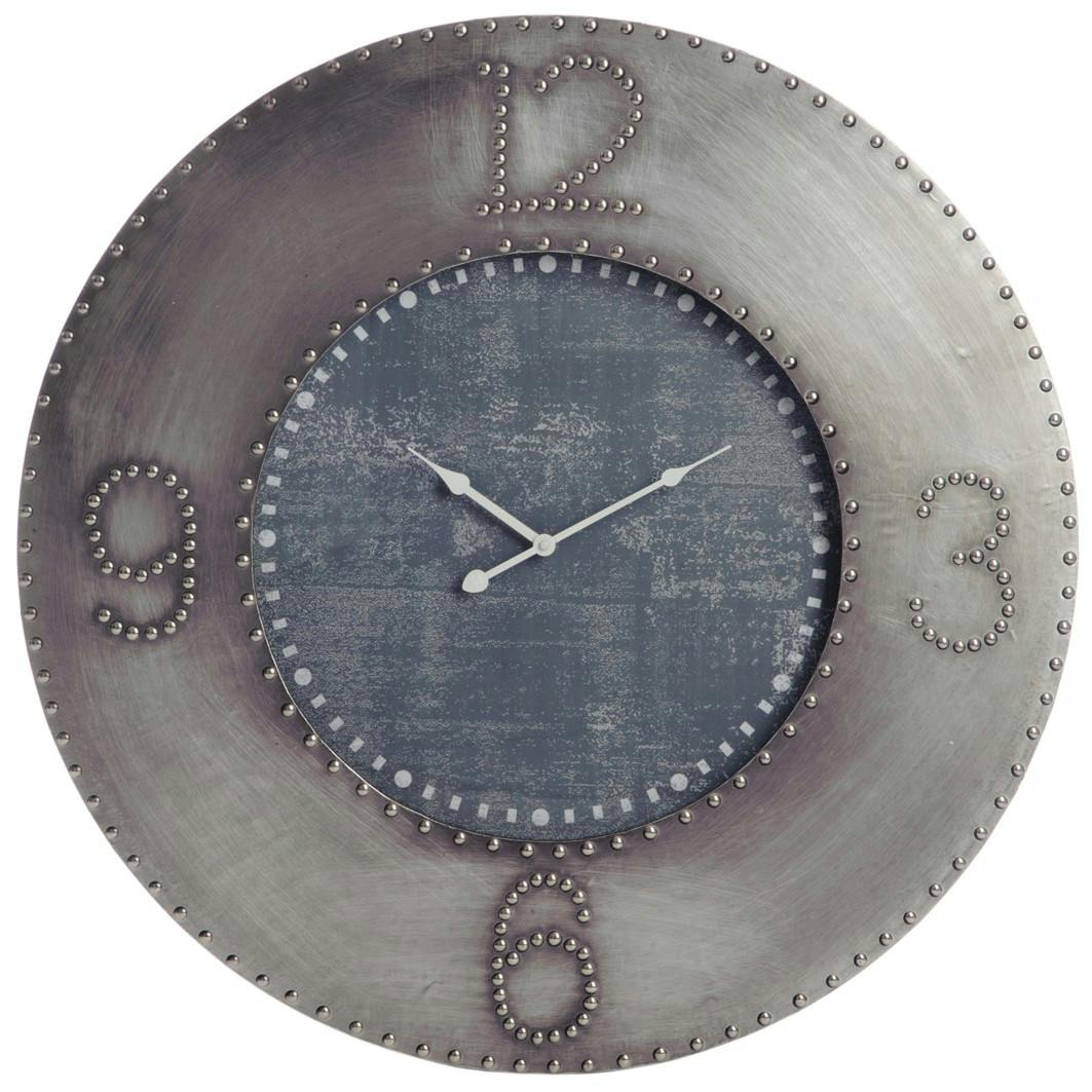 Horloge murale ronde Grand diamètre D80cm Style Industriel en fer, bois et verre - Coloris Gris et Noir