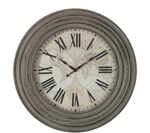 Horloge murale ronde Mappe Monde Grand diamètre D60cm Style Coloniale en bois et verre - Coloris Gris patiné