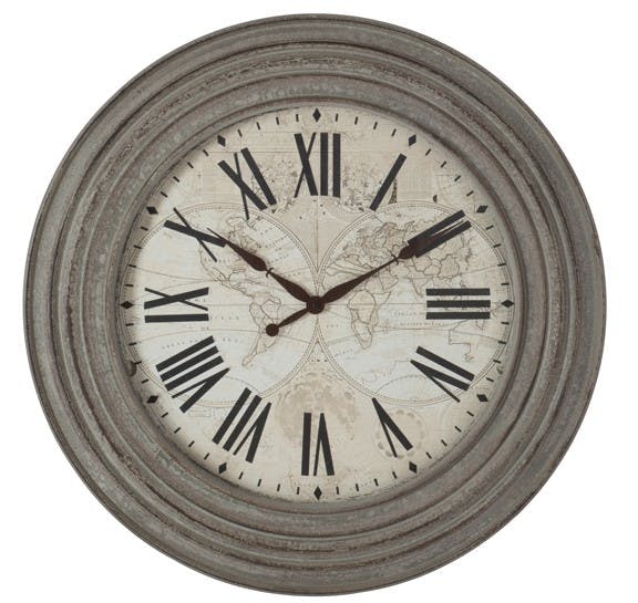 Horloge murale ronde Mappe Monde Grand diamètre D78cm Style Coloniale en bois et verre - Coloris Gris patiné