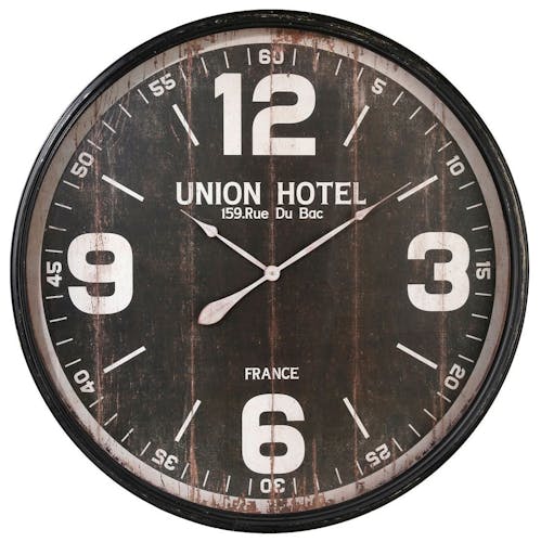 Horloge murale XXL D 90 cm en métal et bois style Vintage - Coloris Noir - Décor Union Hôtel