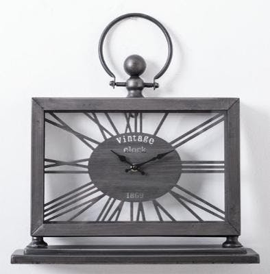 Horloge rectangle à poser forme montre gousset avec contour et cadran en métal gris 44X36,5x5cm