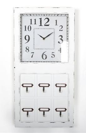 Horloge rectangle bois blanc avec 6 crochets 30x60cm