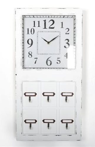 Horloge rectangle bois blanc avec 6 crochets 30x60cm