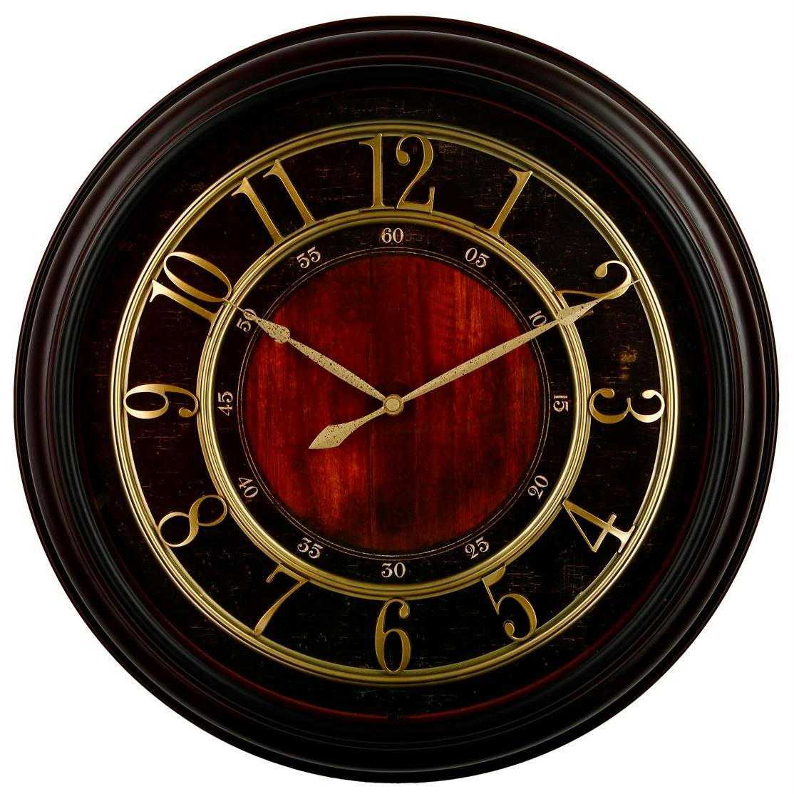 Horloge ronde avec contour en plastique brun et ses chiffres montés sur le cadran entre 2 cercles dorés 51x9cm