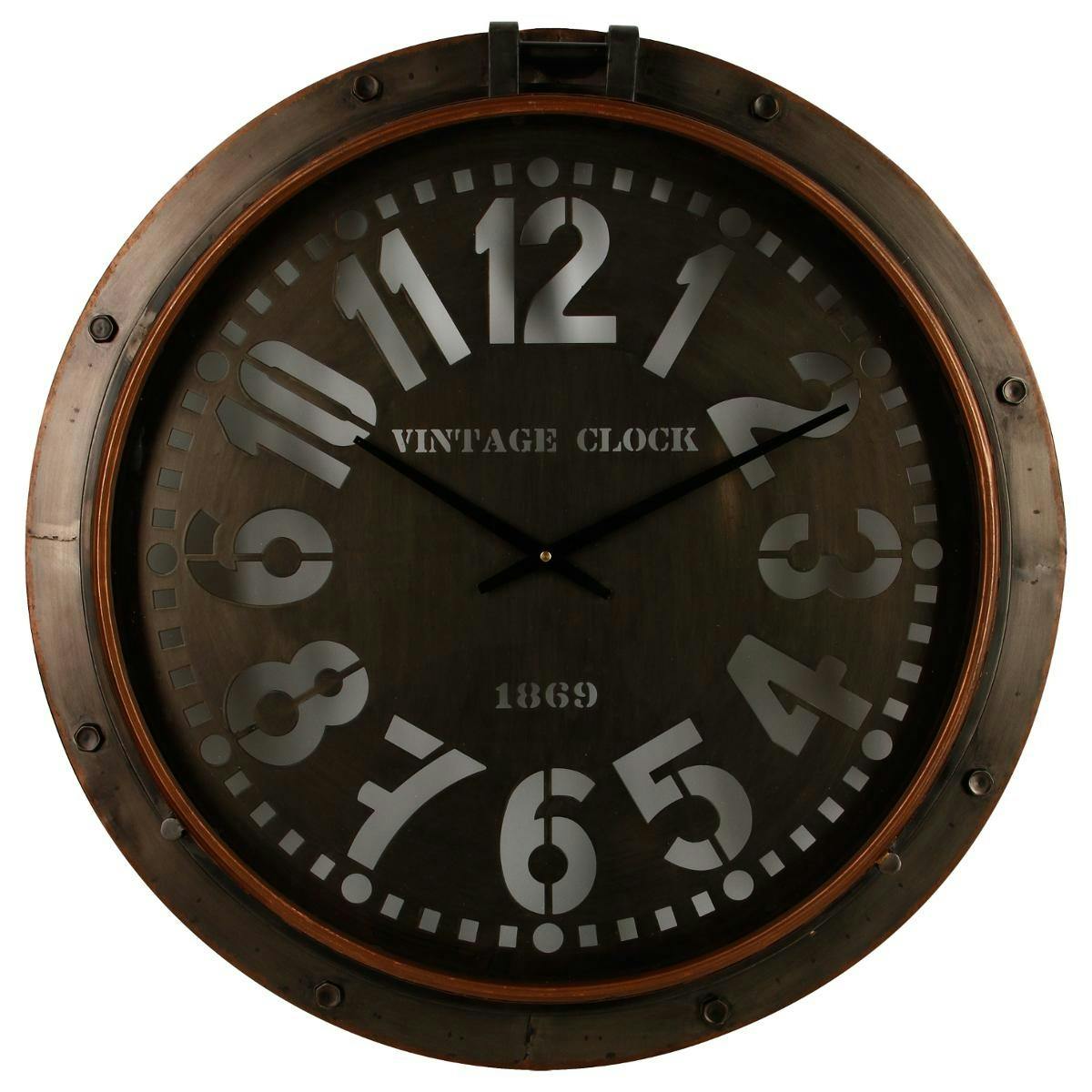 Horloge ronde forme hublot Grand diamètre 73,5x9cm en métal noir et protection frontale en verre
