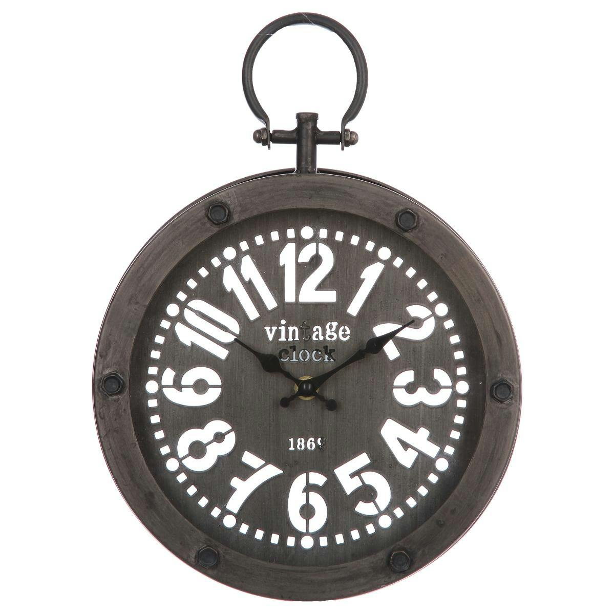 Horloge ronde forme montre gousset avec contour et cadran en métal noir 24,5x33,5x4,5cm
