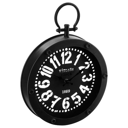 Horloge ronde forme montre gousset avec contour et cadran en métal noir 24,5x33,5x4,5cm