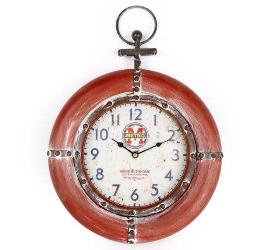 Horloge ronde métal rouge style rétro avec gousset déco 42x31x6,5cm