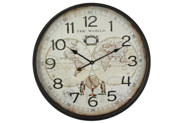 Horloge ronde Planisphère "The World" en métal et bois D68cm