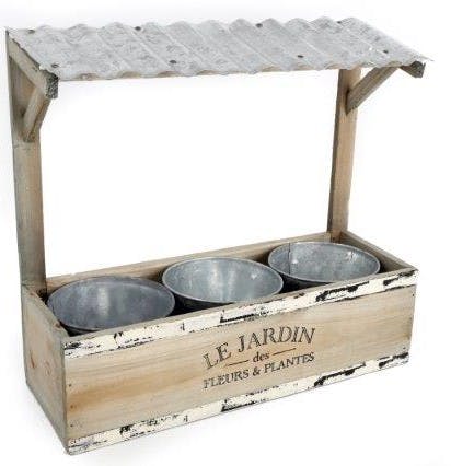 Jardinère Auvent "Le Jardin" bois naturel effet rustique avec 3 pots métal 33x30cm
