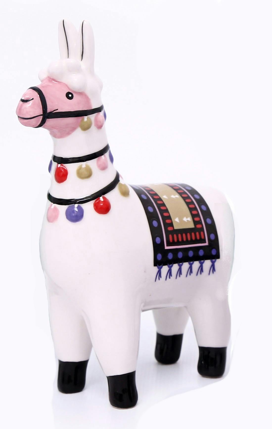 Lama déco H15cm en céramique blanche et décor multicolor