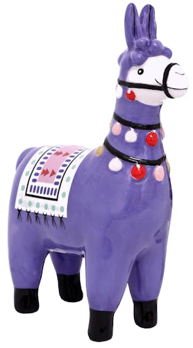 Lama déco H15cm en céramique bleue violet et décor multicolor