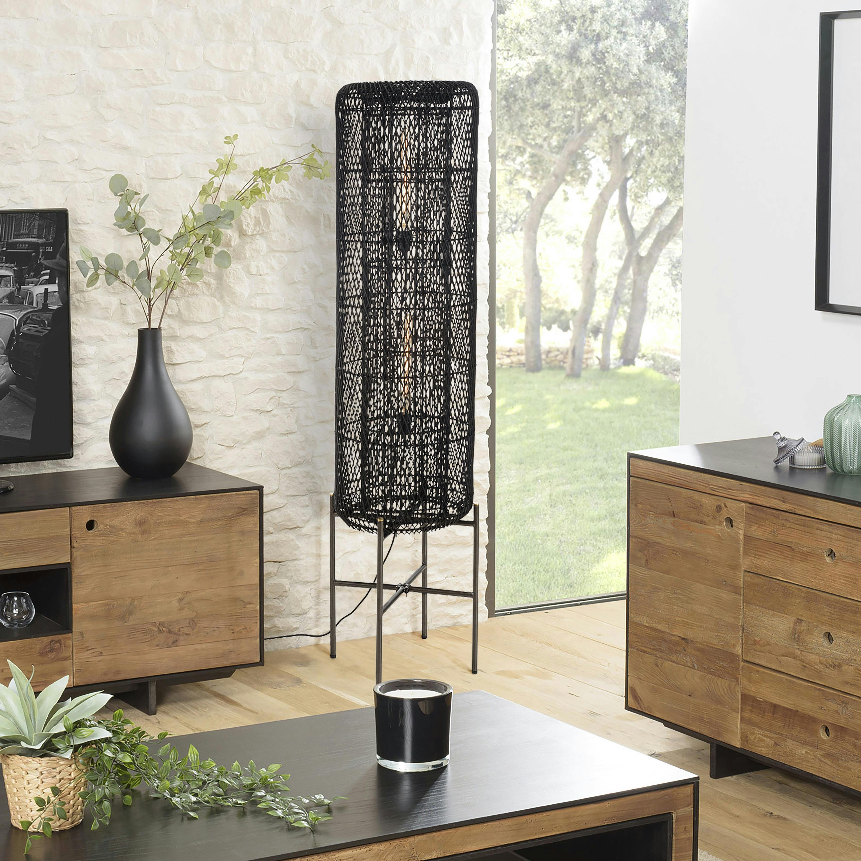 Lampadaire 39x39cm rotin couleur noire pieds acier FOLELLI