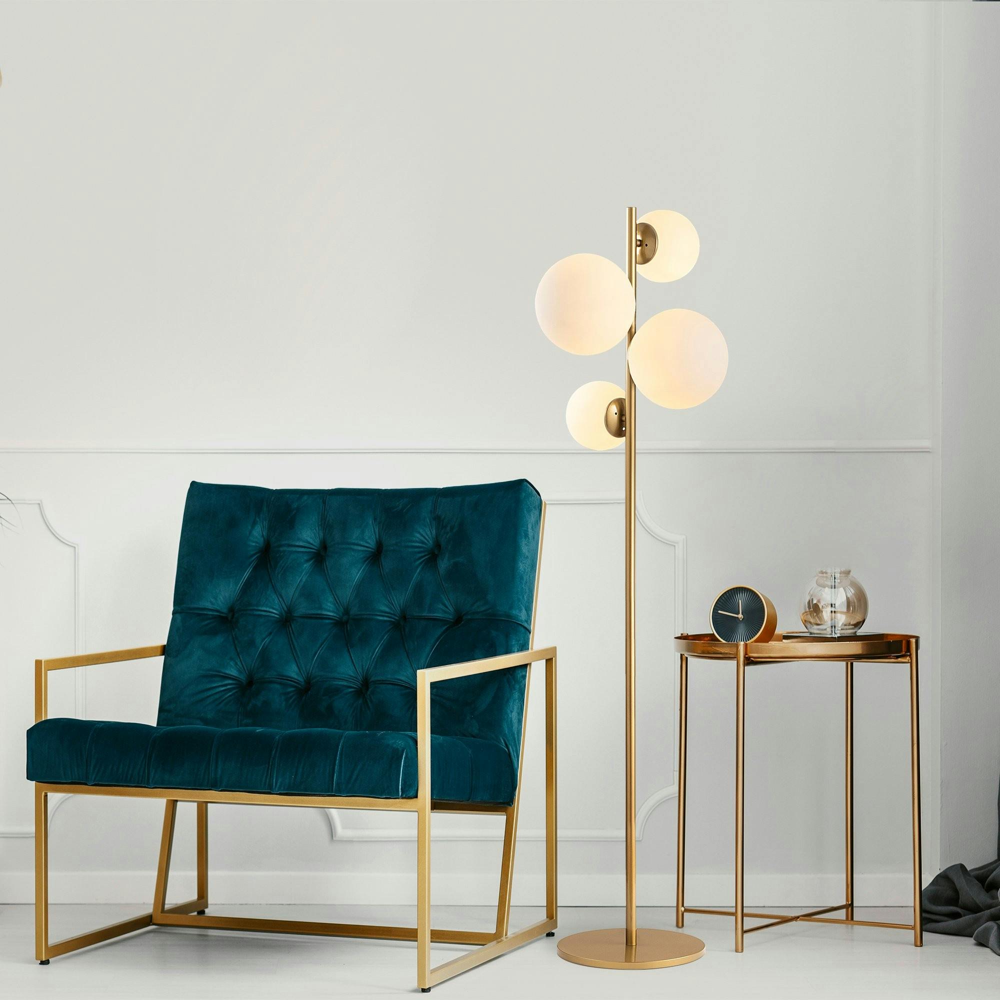 Lampadaire art déco doré, 4 globes verre dépoli SIERRE