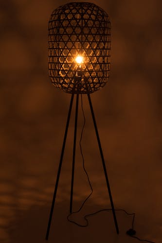 Lampadaire bambou noir, trépied métal H160cm