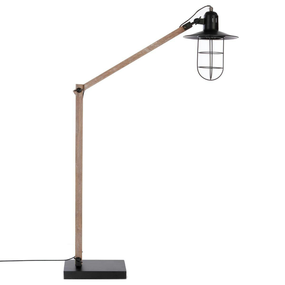 Lampadaire bois et abat-jour métal noir façon lanterne H130cm