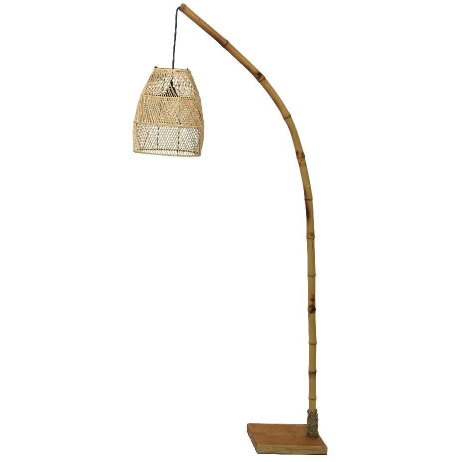 Lampadaire cloche en rotin sur base en bois