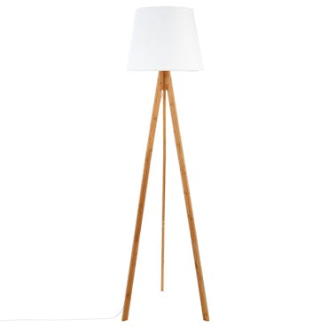 Lampadaire en bambou forme trépied et abat-jour coton blanc D50xH160cm