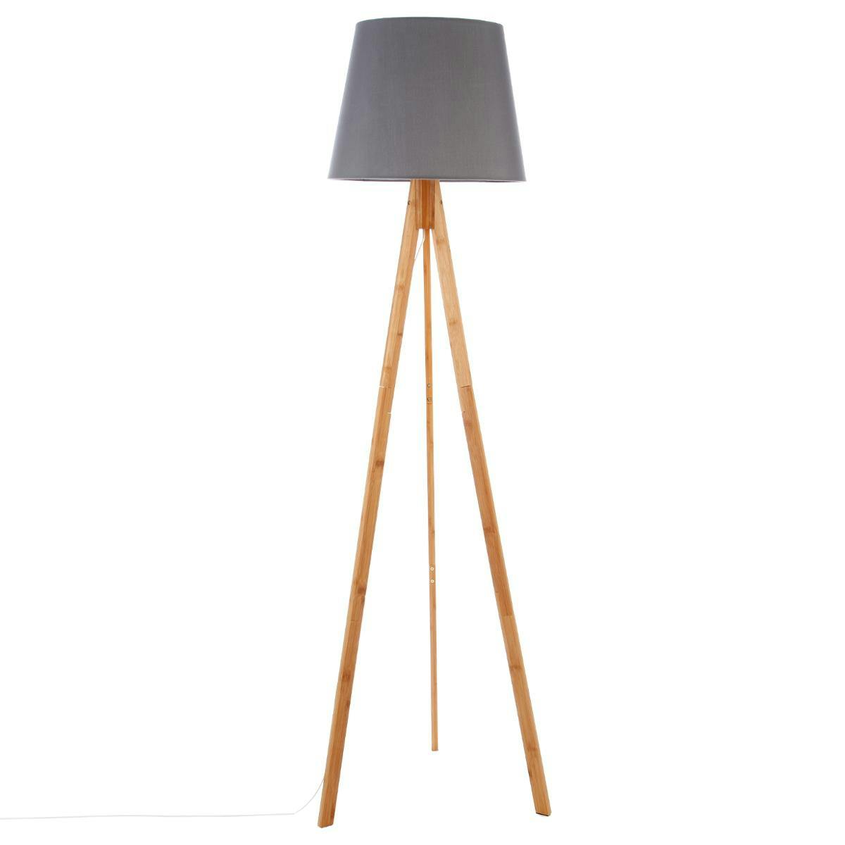 Lampadaire en bambou forme trépied et abat-jour coton gris foncé D50xH160cm