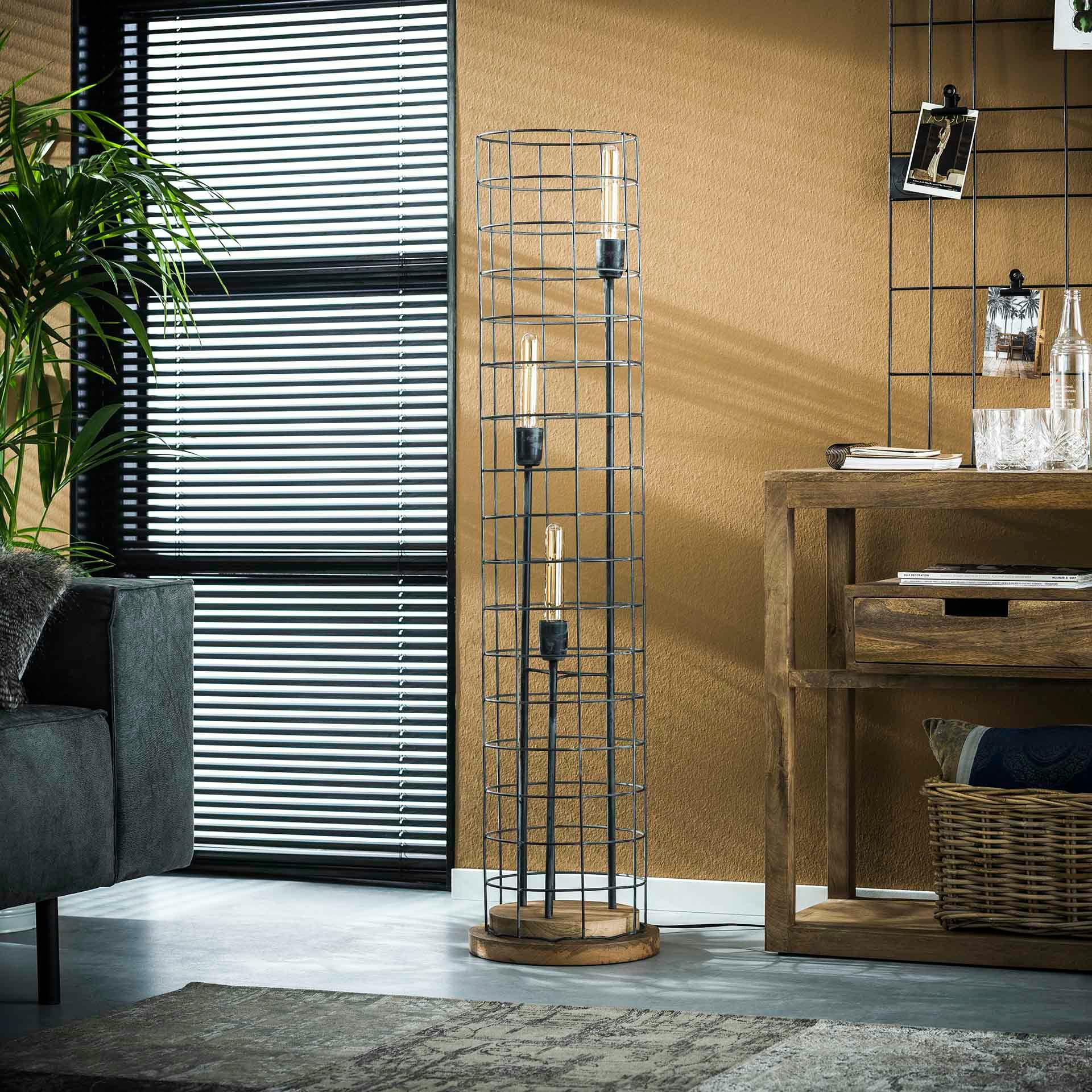 Lampadaire industriel grillagé socle bois 3 lampes RALF