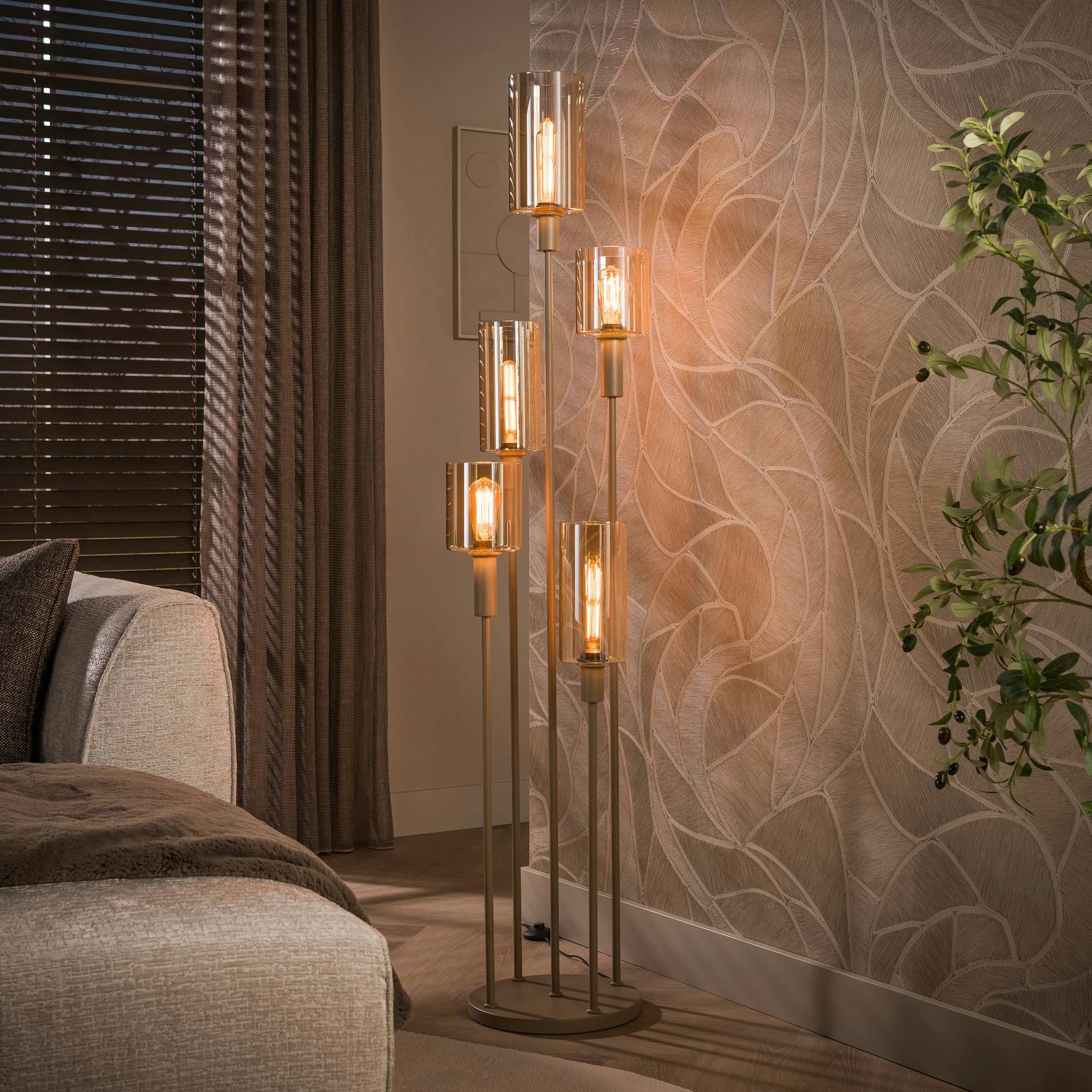 Lampadaire moderne verre ambre 5 abat-jour RALF