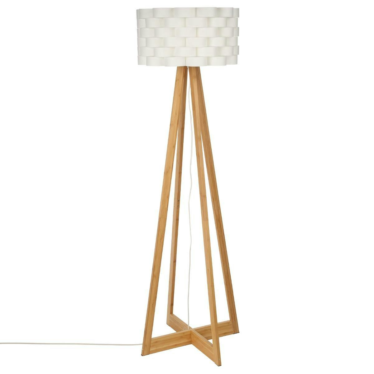 Lampadaire pied croisé bambou naturel et abat-jour écru forme fleur D50xH150cm