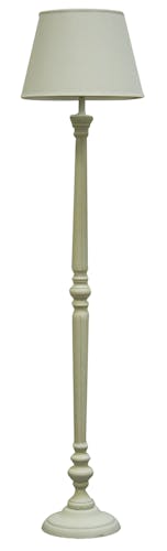 Lampadaire pied tourné bois blanc base ronde et abat-jour lin blanc D37xH153cm