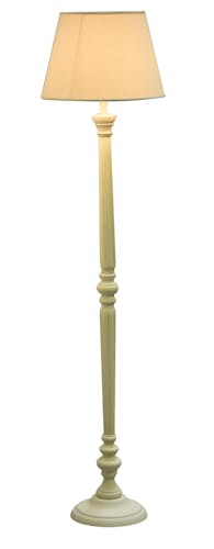 Lampadaire pied tourné bois blanc base ronde et abat-jour lin blanc D37xH153cm