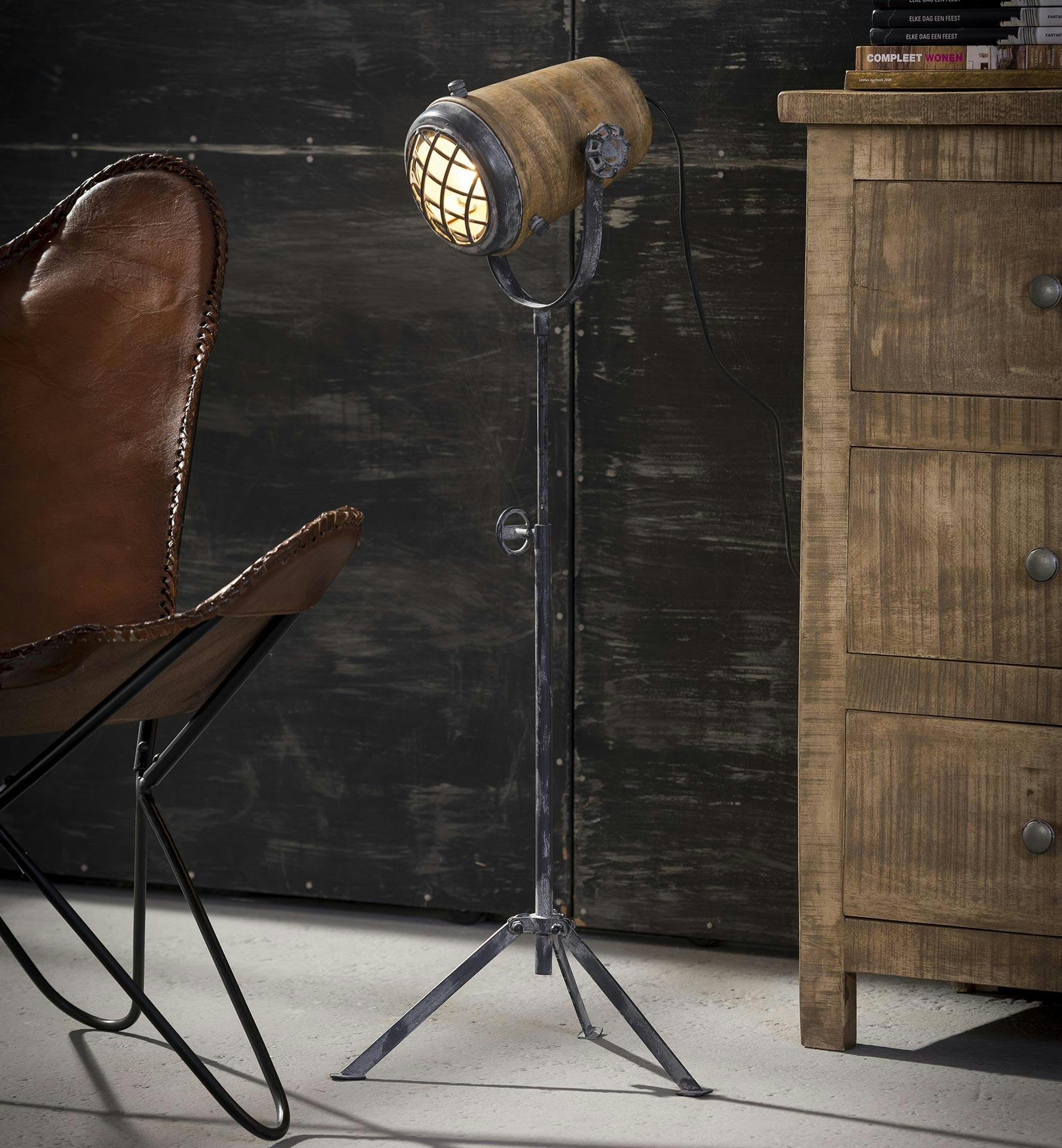 Lampadaire projecteur métal vieilli bois orientable MM LUCKNOW
