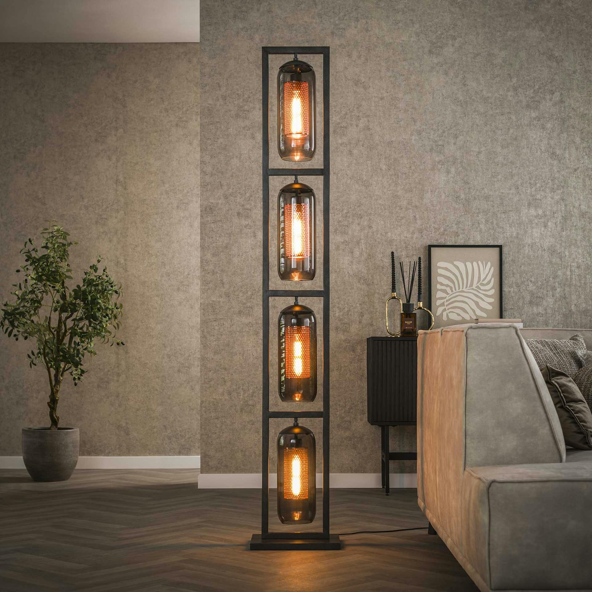 Lampadaire salon 4 lampes verre fumé et métal cuivré NOVA