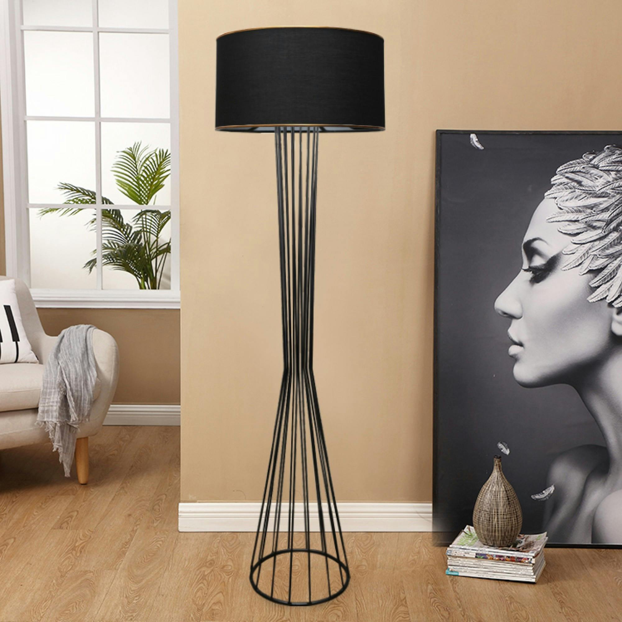 Lampadaire salon moderne chic noir, abat-jour tissu SINOP