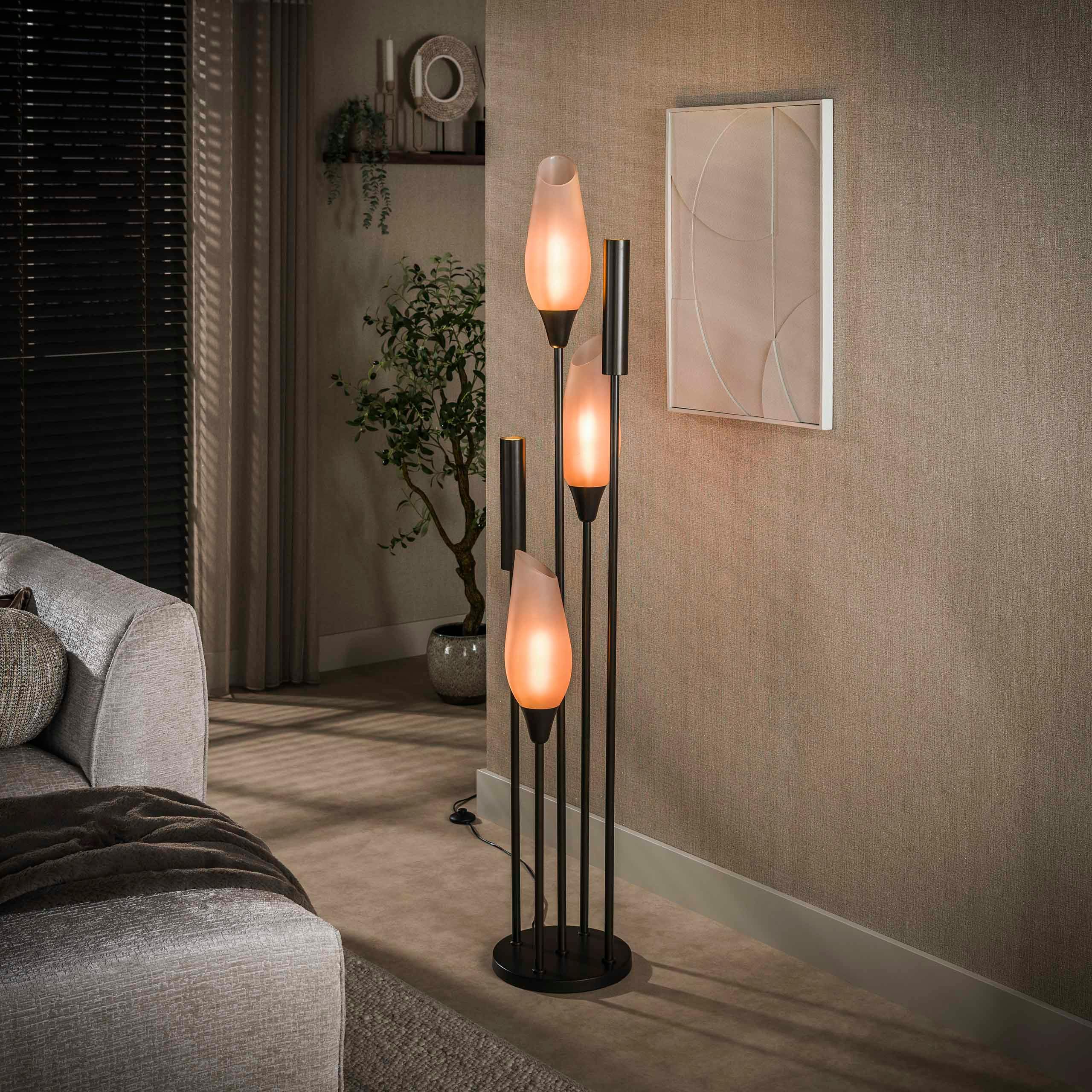 Lampadaire salon verre dépoli brun et métal bronze 5 lampes NIAGARA